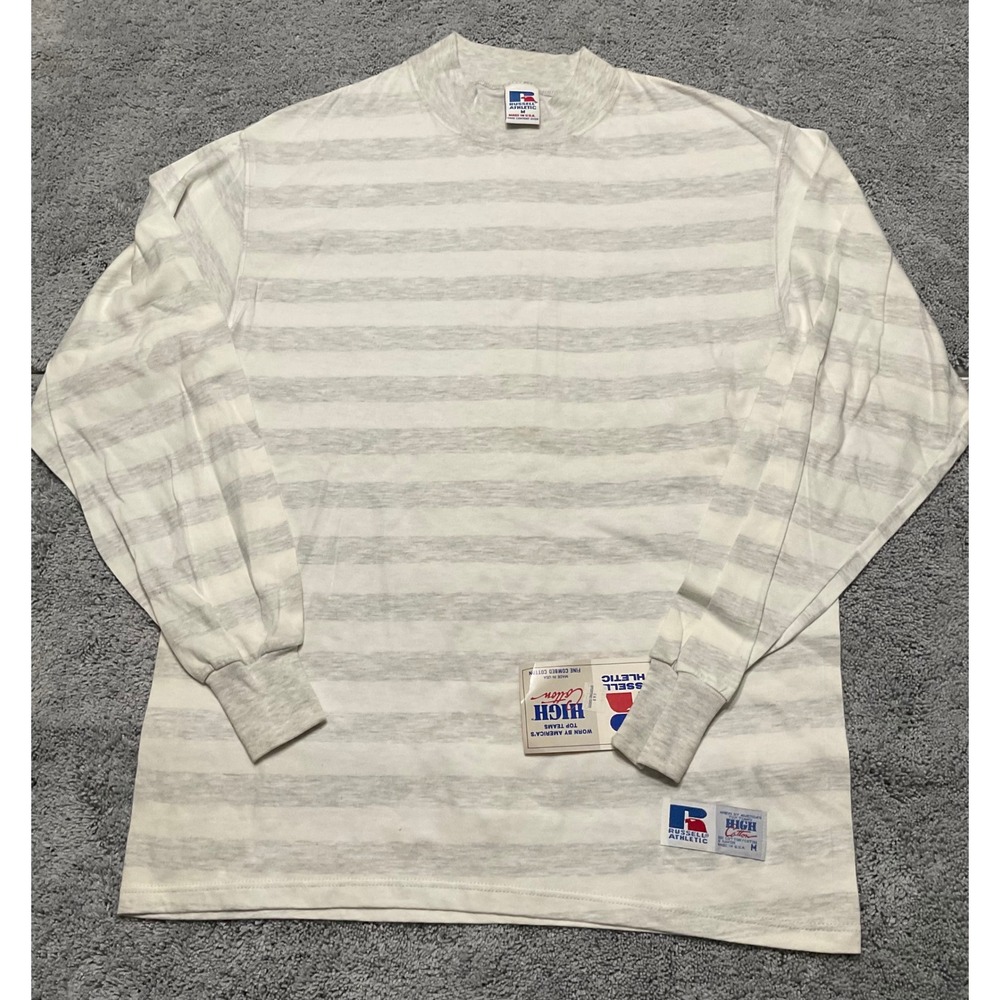 Vintage 90s Russell Athletic Cotton Striped Long Sleeve Shirt USA Mens M White